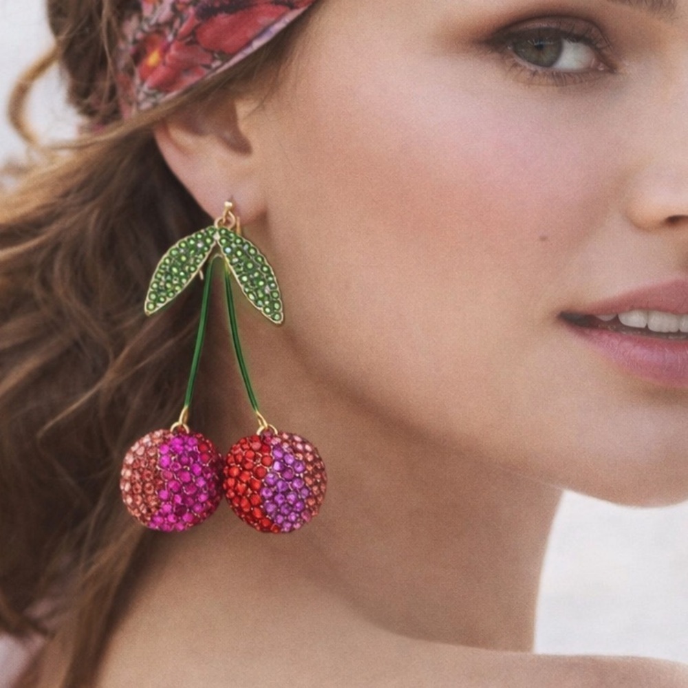 Crystal Cherry Statement Dangle Earrings Pink Green NIB